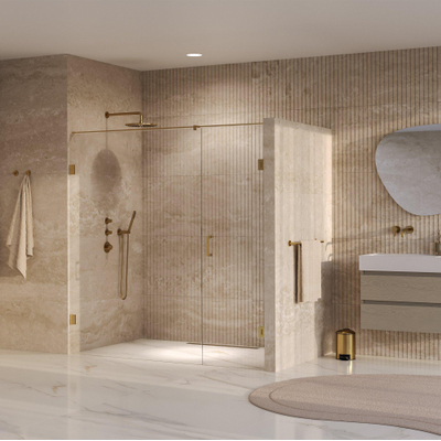 BRAUER Void Nisdeur - 2-delig - 190x200cm - 70cm draaideur aan muur - glascoating - omkeerbaar - helder glas - geborsteld goud PVD