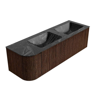 MONDIAZ KURVE-DLUX 145cm badmeubel met module 25 L kleur Walnut met 1 lade en 1 deur. Wastafel LEAF dubbel / rechts zonder kraangat kleur Lava.