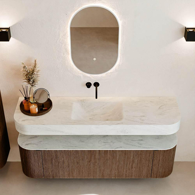 MONDIAZ THOR-DLUX 160cm meuble de salle de bains arrondi gauche + droite couleur Walnut avec 1 tiroir et 2 portes. Vasque suspendue CLOUD Milieu sans trou de robinet couleur Opalo.