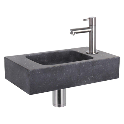 Differnz Force kit lave-mains - 40x22x9cm - Rectangulaire - 1 trou de robinet - Robinet droit en chrome mat - Pierre naturelle noire