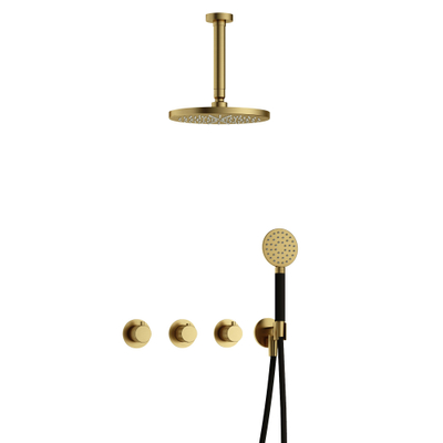 Hotbath Cobber X IBSX70 Regendoucheset inbouw - hoofddouche 20cm - plafondarm 15cm - handdouche rond 3 standen - geborsteld messing - PVD