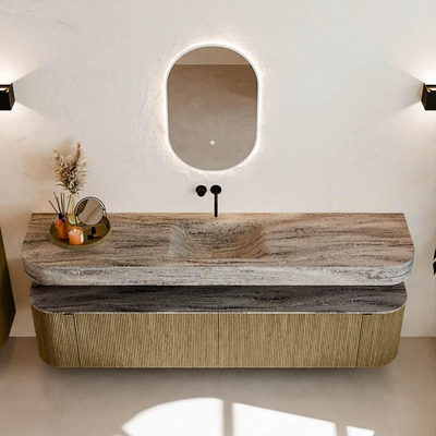 MONDIAZ THOR-DLUX 200cm meuble de salle de bains arrondi gauche + droite couleur Dusk avec 2 tiroirs et 2 portes. Vasque suspendue CLOUD Milieu sans trou de robinet couleur Oza.