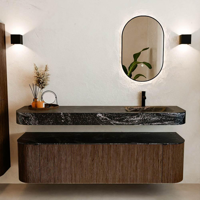 MONDIAZ THOR-DLUX 170cm badmeubel ronding links + rechts kleur Walnut met 1 lade en 2 deuren. Vrijhangende wastafel CLOUD Rechts 1 kraangat kleur Lava.