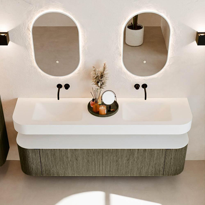 MONDIAZ THOR Meuble de salle de bains 180cm arrondi gauche + droite couleur Shadow avec 2 tiroirs et 2 portes. Vasque suspendue CLOUD Double sans trou de robinet couleur Talc.