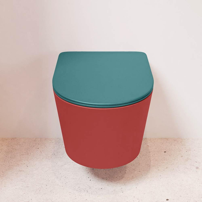 Mondiaz LAVIE hangtoilet – spoelrandloos – 36 x 53 cm – met softclose zitting – Fire (rood), zitting Smag (groen)
