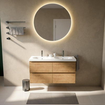 Saniclass Holz Pure Ensemble de meubles de salle de bains - 120x45x63.5cm - lavabo en céramique Palermo blanc - 2 vasques - 2 trous de robinet - 4 tiroirs - chêne natural mat (bois)