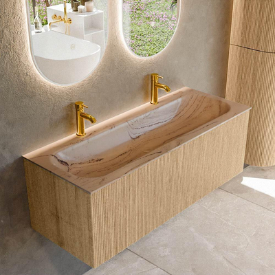MONDIAZ KURVE-DLUX 120cm badmeubel kleur Oak met 1 lade en 0 deuren. Wastafel BIG LARGE Midden 2 kraangaten Arena.
