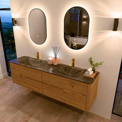 Mondiaz CIRO-DLUX Badkamermeubelset - 180x45x50cm - Solid surface wastafel Lava - 2 wasbak Dubbel - 2 kraangaten - 4 lades - Oak