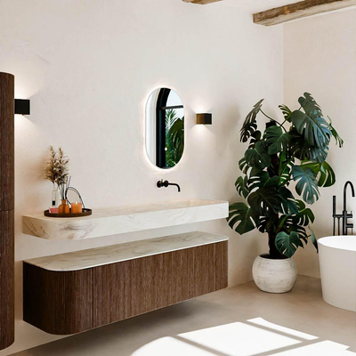 MONDIAZ THOR-DLUX Meuble de salle de bains 170cm arrondi gauche + droite couleur Walnut avec 1 tiroir et 2 portes. Vasque suspendue CLOUD Droite sans trou de robinet couleur Ostra.