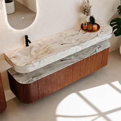 MONDIAZ THOR-DLUX 180cm meuble de salle de bains arrondi gauche + droite couleur Ruby avec 2 tiroirs et 2 portes. Vasque suspendue CLOUD Gauche 1 trou de robinet couleur Glace.