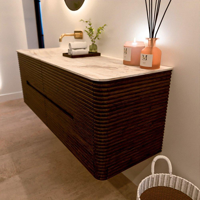Mondiaz CIRO-DLUX Badkamermeubelset - 140x45x50cm - Solid surface wastafel Frappe - 1 wasbak Links - zonder kraangaten - 4 lades - Walnut