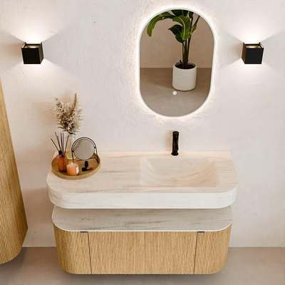 MONDIAZ THOR-DLUX 120cm badmeubel ronding links + rechts kleur Oak met 1 lade en 2 deuren. Vrijhangende wastafel CLOUD Rechts 1 kraangat kleur Meli.