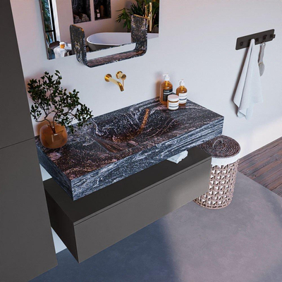 Mondiaz ALAN-DLUX Ensemble de meuble - 100cm - meuble Dark grey mat - 1 tiroir - Lavabo Cloud Lava suspendu - vasque Centre - 0 trous de robinet