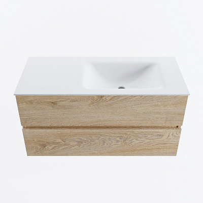 MONDIAZ VICA 100cm meuble de salle de bains sous-meuble Washed Oak 2 tiroirs. Lavabo CLOUD à droite 1 trou de robinet, couleur Talc.