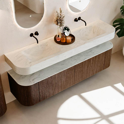 MONDIAZ THOR-DLUX 180cm meuble de salle de bains arrondi gauche + droite couleur Walnut avec 2 tiroirs et 2 portes. Vasque suspendue CLOUD Double sans trou de robinet couleur Opalo.