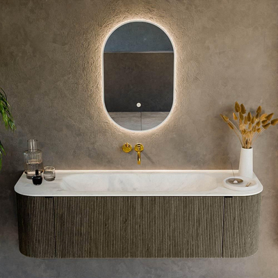 Mondiaz KURVE-DLUX Ensemble de meuble salle de bain - 150x46x40cm - 1 tiroir - 2 portes - lavabo en solid surface - milieu - sans trou de robinet - Shadow