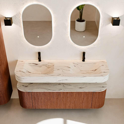 MONDIAZ THOR-DLUX 150cm meuble de salle de bains arrondi gauche + droite couleur Ruby avec 1 tiroir et 2 portes. Vasque suspendue CLOUD Double 2 trous de robinet couleur Nata.