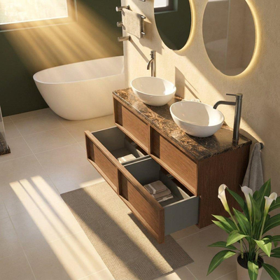 Saniclass Holz Frame Ensemble de meubles de salle de bains - 140x45x63cm - Plan de travail en pierre naturelle Noche dark emperador - 2 trous de robinet - 4 tiroirs - brillant walnut pure (bois)