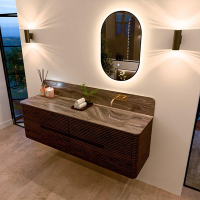 Mondiaz CIRO-DLUX Badkamermeubelset - 160x45x50cm - Solid surface wastafel Sombra - 1 wasbak Rechts - zonder kraangaten - 4 lades - Walnut