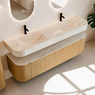 MONDIAZ THOR-DLUX Meuble de salle de bains - 170cm - arrondi gauche + droite - couleur Oak - 1 tiroir - 2 portes - Vasque suspendue CLOUD Double 2 trous de robinet - couleur Meli