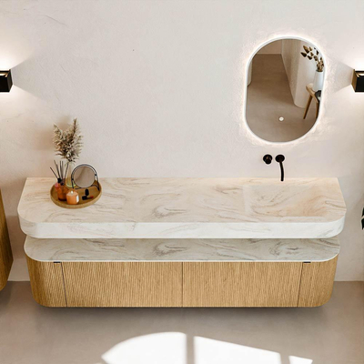 MONDIAZ THOR-DLUX 200cm meuble de salle de bains arrondi gauche + droite couleur Oak avec 2 tiroirs et 2 portes. Vasque suspendue CLOUD Droite sans trou de robinet couleur Ostra.