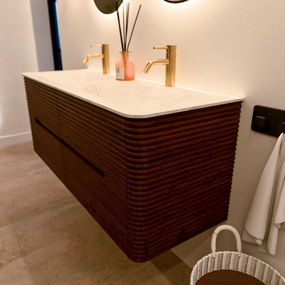 Mondiaz CIRO-DLUX Badkamermeubelset - 130x45x50cm - Solid surface wastafel Opalo - 2 wasbak Dubbel - 2 kraangaten - 4 lades - Ruby