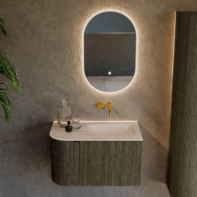 MONDIAZ KURVE-DLUX Meuble de salle de bains 75cm arrondi à gauche couleur Shadow avec 1 tiroir et 1 porte. Lavabo GRUNNE à droite sans trou de robinet Meli.
