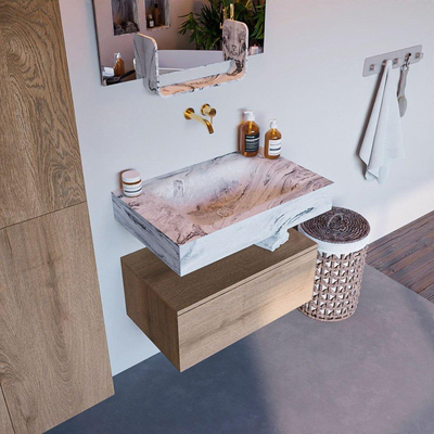 Mondiaz ALAN-DLUX Ensemble de meuble - 70cm - meuble Washed Oak mat - 1 tiroir - Lavabo Cloud Glace suspendu - vasque Centre - 0 trous de robinet