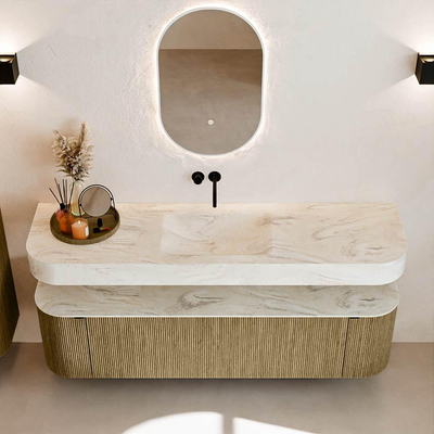 MONDIAZ THOR-DLUX Meuble de salle de bains - 170cm - arrondi gauche + droite - couleur Dusk - 1 tiroir - 2 portes - Vasque suspendue CLOUD Milieu sans trou de robinet - couleur Ostra