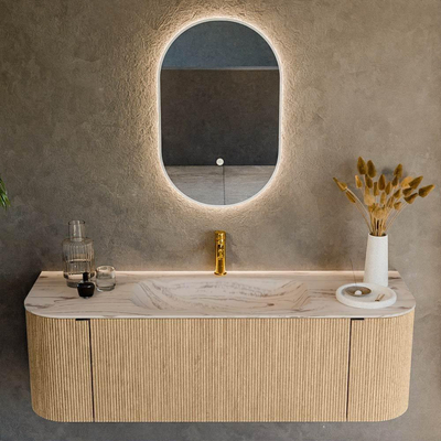 MONDIAZ KURVE-DLUX 140cm badmeubel ronding Links + Rechts kleur Oak met 1 lade en 2 deuren. Wastafel BIG SMALL Midden 1 kraangat Nata.