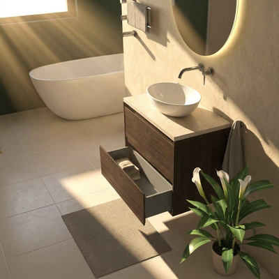 Saniclass Holz Pure Ensemble meuble de salle de bains - 80x45x63cm - plan de travail en pierre naturelle travertin - sans trou de robinetterie - 2 tiroirs - chêne charcoal mat (bois)