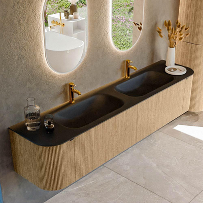 MONDIAZ KURVE Meuble de salle de bains 200 cm avec module 25 Len R couleur Chêne avec 2 tiroirs et 2 portes. Lavabo BIG SMALL double 2 trous de robinet Urban.