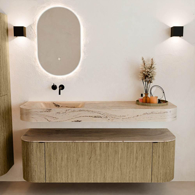 MONDIAZ THOR-DLUX 150cm meuble de salle de bains arrondi gauche + droite couleur Dusk avec 1 tiroir et 2 portes. Vasque suspendue CLOUD Gauche sans trou de robinet couleur Arena.