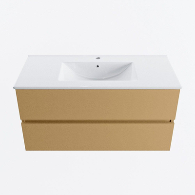 Mondiaz VICA Ensemble de meuble de salle de bain - 100cm - meuble sous-vasque oro - 2 tiroirs - lavabo denia milieu - 1 trou de robinet - version haute de 60cm - blanc brillant