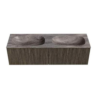 MONDIAZ KURVE-DLUX Meuble de salle de bains 150 cm couleur Shadow avec 2 tiroirs et 0 portes. Lavabo STOR SMALL Double 2 trous de robinet Oza.