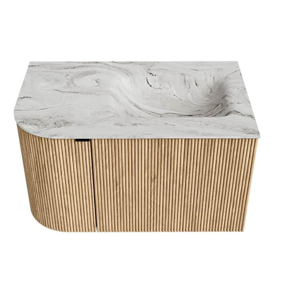 MONDIAZ KURVE-DLUX meuble de salle de bains 75cm avec module 25 L couleur Oak avec 1 tiroir et 1 porte. Lavabo GRUNNE à droite sans trou de robinet couleur Glace.
