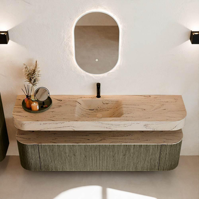 MONDIAZ THOR-DLUX 180cm meuble de salle de bains arrondi gauche + droite couleur Shadow avec 2 tiroirs et 2 portes. Vasque suspendue CLOUD Milieu 1 trou de robinet couleur Arena.