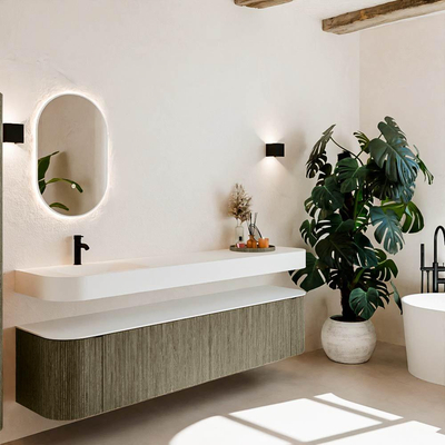 MONDIAZ THOR 200cm meuble de salle de bains arrondi gauche + droite couleur Shadow avec 2 tiroirs et 2 portes. Vasque suspendue CLOUD gauche 1 trou de robinet couleur Talc.