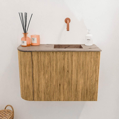 Mondiaz JOYA-DLUX 61.6cm toiletmeubel - ronding links kleur Oak - Wastafel FAYE positie Rechts Zonder kraangat kleur Arena.