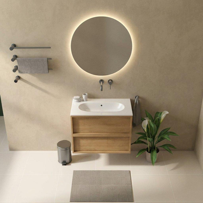 Saniclass Holz Frame Ensemble meuble de salle de bains - 80x45x73.9cm - lavabo Chaci en céramique blanc - 1 vasque - sans trou de robinet - 2 tiroirs - chêne natural mat (bois)