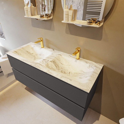 Mondiaz VICA-DLUX ensemble de meuble de salle de bain - 120cm - meuble sous-vasque gris foncé - 2 tiroirs - lavabo encastré nuage double - 2 trous de robinet - version haute 60cm - glace