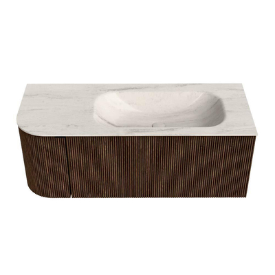 MONDIAZ KURVE-DLUX Meuble de salle de bains 115cm arrondi gauche couleur Walnut avec 1 tiroir et 1 porte. Lavabo BIG SMALL droit sans trou de robinet Meli.