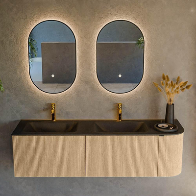 MONDIAZ KURVE meuble de salle de bains 155 cm avec module 25 R couleur Oak avec 2 tiroirs et 1 porte. Lavabo CLOUD double / gauche 2 trous de robinet Urban.