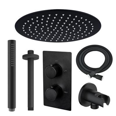 Fortifura Calvi Ensemble de douche pluie encastrable - thermostatique - bras plafond - pommeau 25cm - douchette stick - flexible en métal - Noir mat