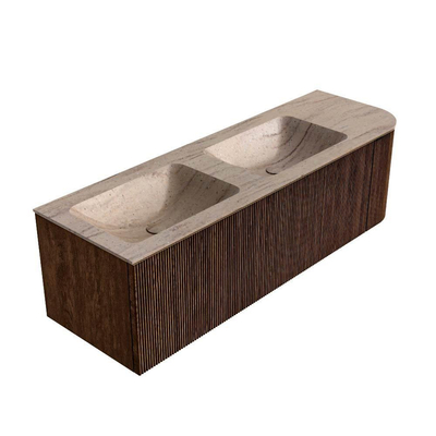 MONDIAZ KURVE-DLUX Meuble de salle de bains 145cm arrondi à droite couleur Walnut avec 1 tiroir et 1 porte. Lavabo LEAF Double / gauche sans trou de robinet Saba.