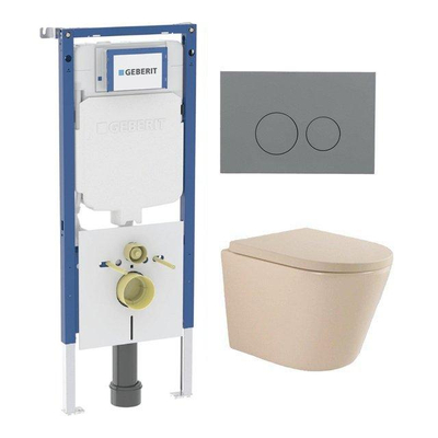 QeramiQ Dely Swirl Pack WC - 36,3x51,7cm - réservoir encastré Geberit UP720 Duofix Sigma - assise 35mm - plaque de déclenchement gris clair - boutons ronds - beige
