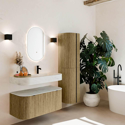 MONDIAZ THOR-DLUX 100cm meuble de salle de bains arrondi gauche + droite couleur Dusk avec 1 tiroir et 2 portes. Vasque suspendue CLOUD Droite 1 trou de robinet couleur Opalo.