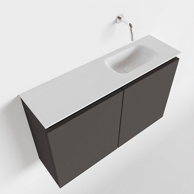 MONDIAZ TURE Fonteinset - 80x23x50cm - 0 kraangaten - 2 deuren - darkgrey mat - Wasbak rechts - Solid Surface Wit