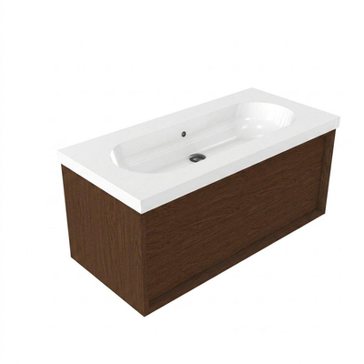 Saniclass Holz Frame Ensemble meuble de salle de bains - 100x45x43.5cm - Palermo lavabo en céramique blanc - 1 vasque - sans trou de robinetterie - 1 tiroir - walnut pure mat (bois)
