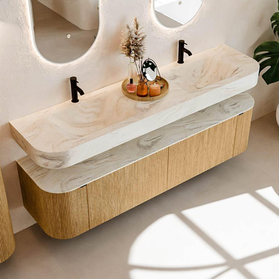 MONDIAZ THOR-DLUX 180cm meuble de salle de bains arrondi gauche + droite couleur Oak avec 2 tiroirs et 2 portes. Vasque suspendue CLOUD Double 2 trous de robinet couleur Ostra.